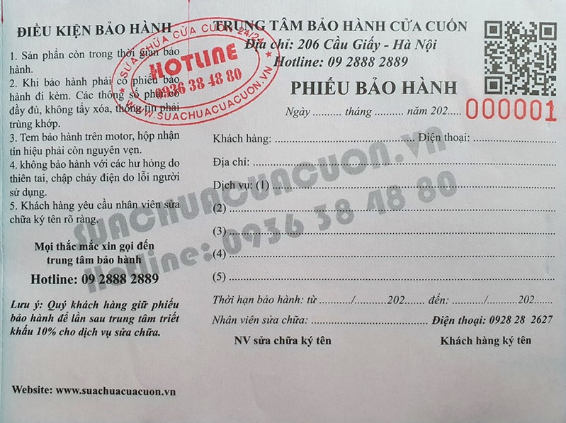 Phiếu bảo hành cửa cuốn